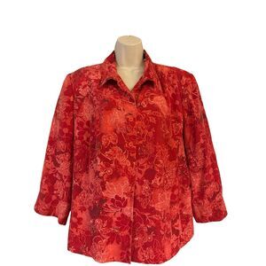 Kate Hill Women's Silk Blazer Red Floral Button Front Lined Jacket Size 16W